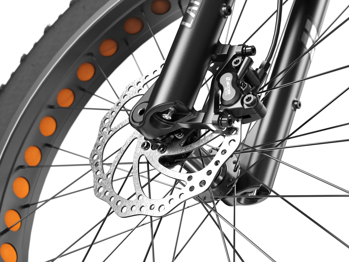 LANKELEISI RV800PLUS hydraulic disc brake and front fat tire close-up