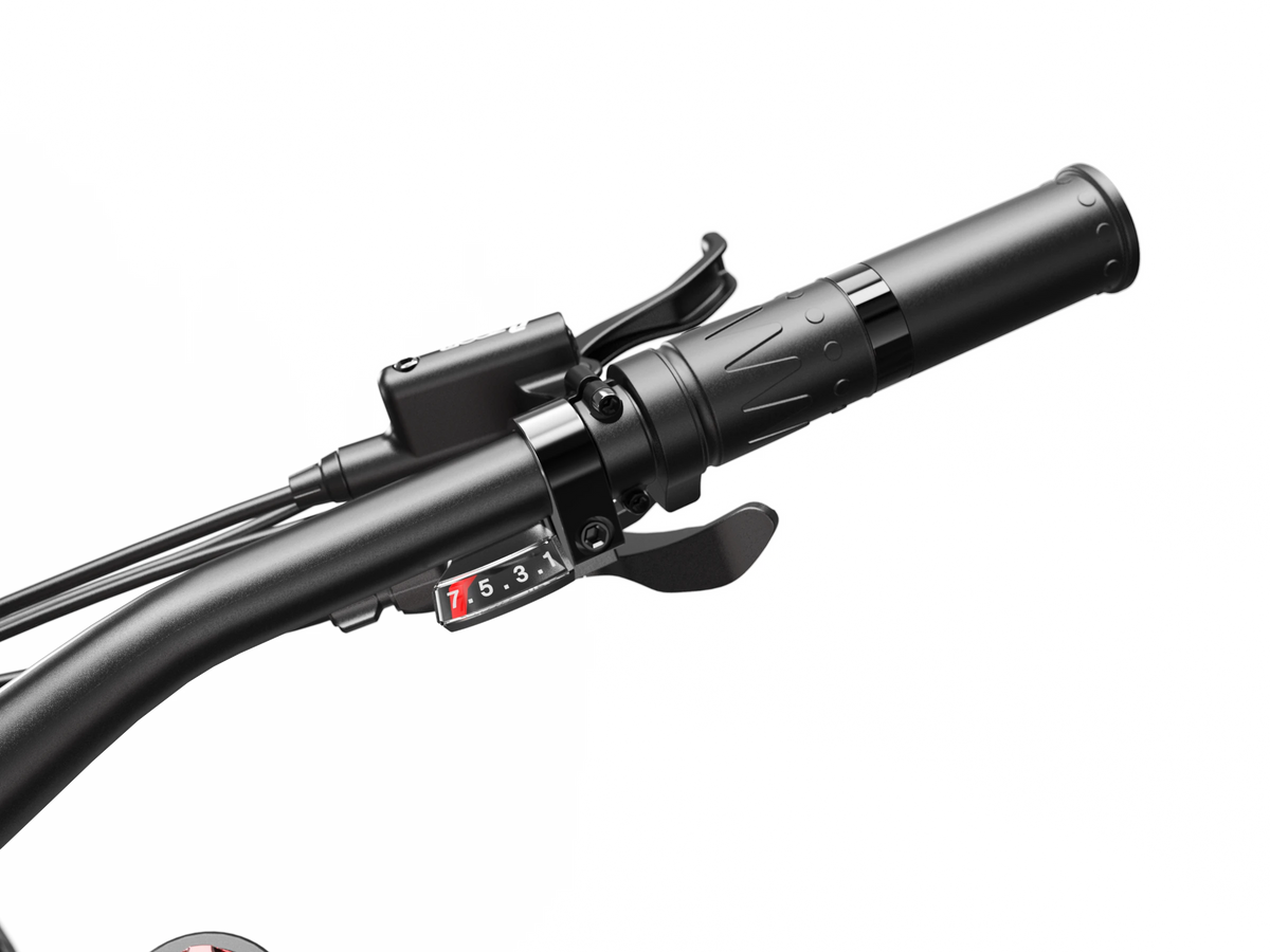 LANKELEISI RV800PLUS twist throttle, brake lever and shifter close-up