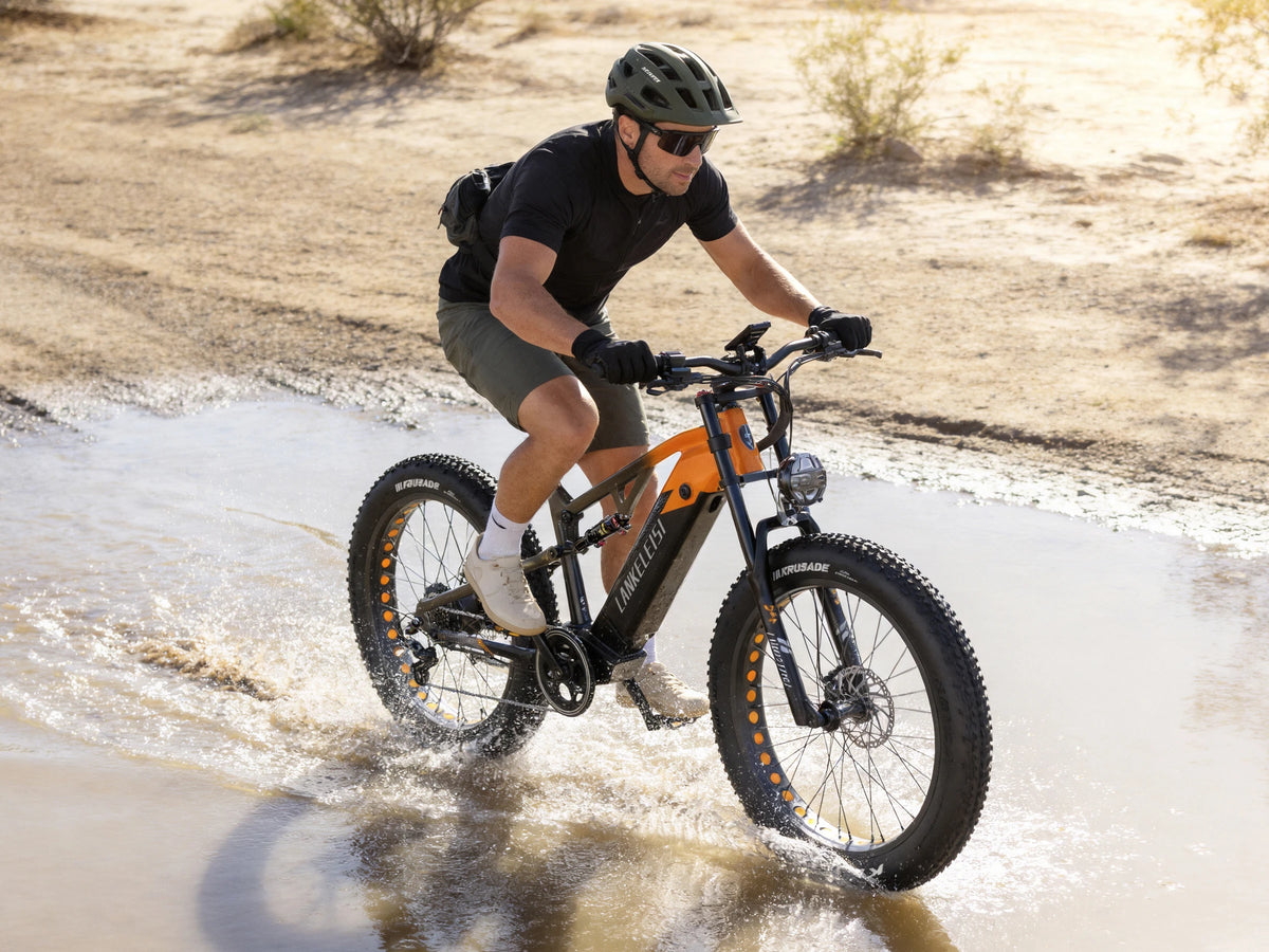 LANKELEISI RV800PLUS full suspension fat tire e-bike crossing shallow water
