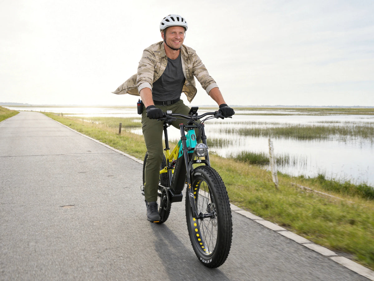 LANKELEISI RV800PLUS Green Yellow electric mountain bike on a paved lakeside path