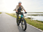 LANKELEISI RV800PLUS Green Yellow electric mountain bike on a paved lakeside path
