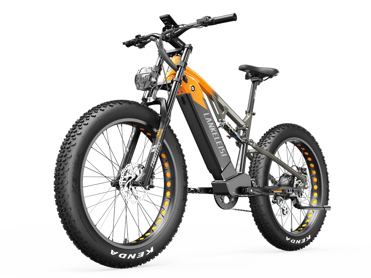 LANKELEISI RV800PLUS Black Orange fat tire e-bike front three-quarter view