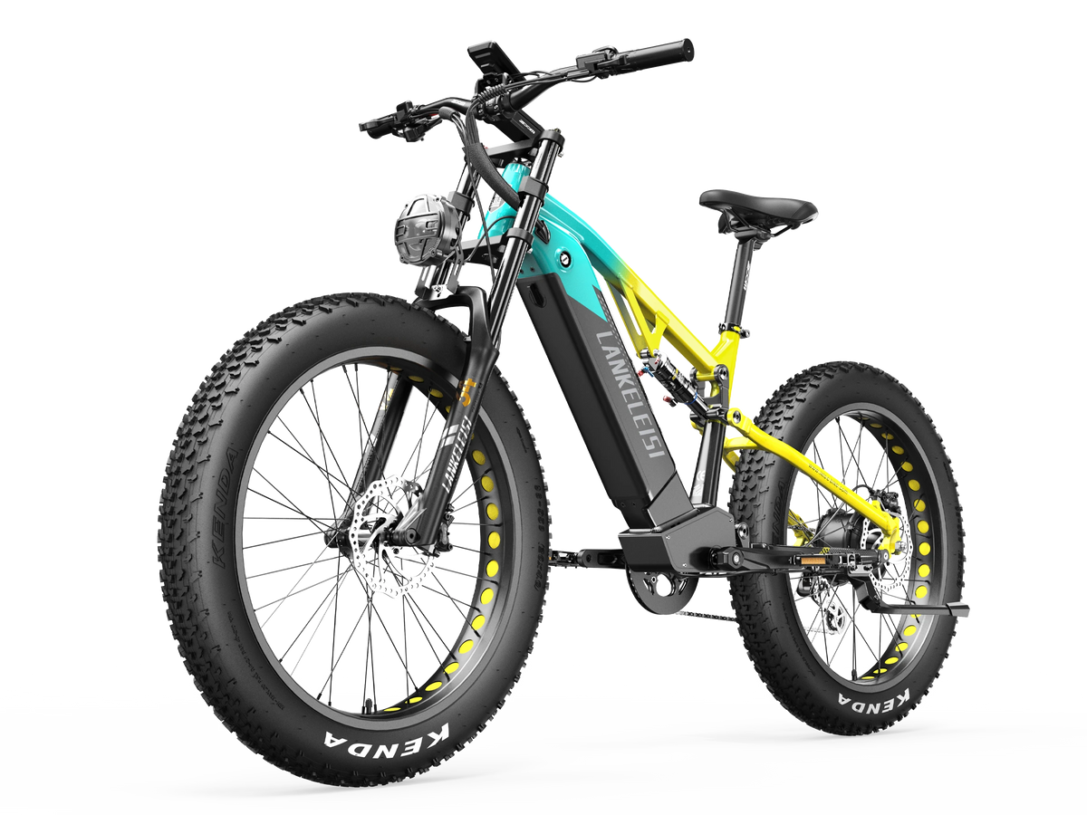 LANKELEISI RV800PLUS Green Yellow full suspension e-bike rear three-quarter view