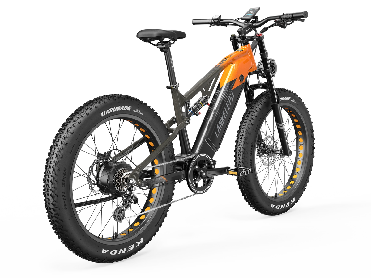 LANKELEISI RV800PLUS Black Orange full suspension e-bike rear three-quarter view