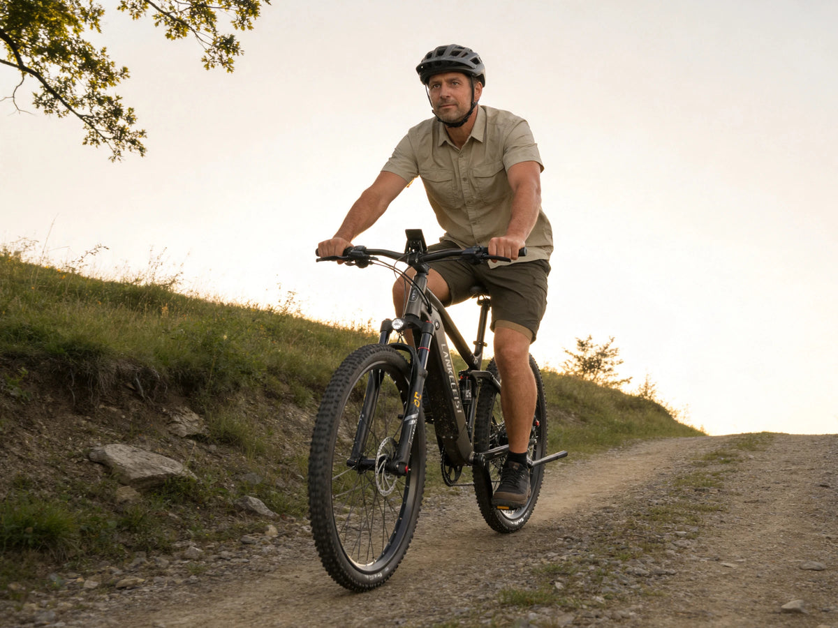 LANKELEISI RX600PRO trekking e-bike riding on gravel road