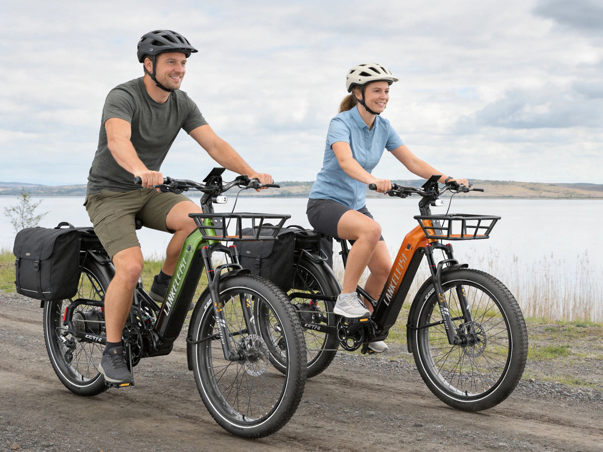 LANKELEISI KETT-8 step-through fat tire e-bikes on a lakeside gravel ride