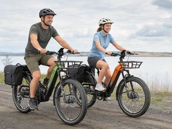 LANKELEISI KETT-8 step-through fat tire e-bikes on a lakeside gravel ride
